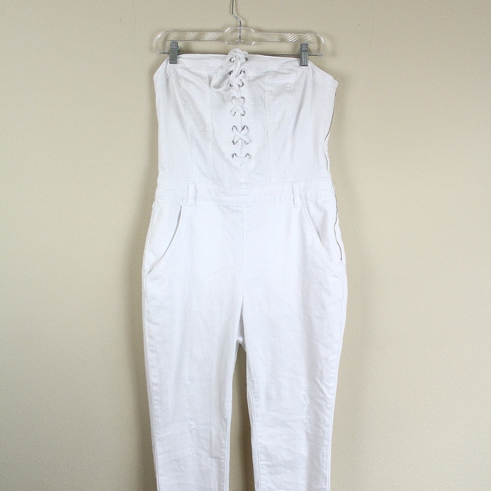 New! VENUS Lace Up Denim Jumpsuit White - Picture 2 of 6